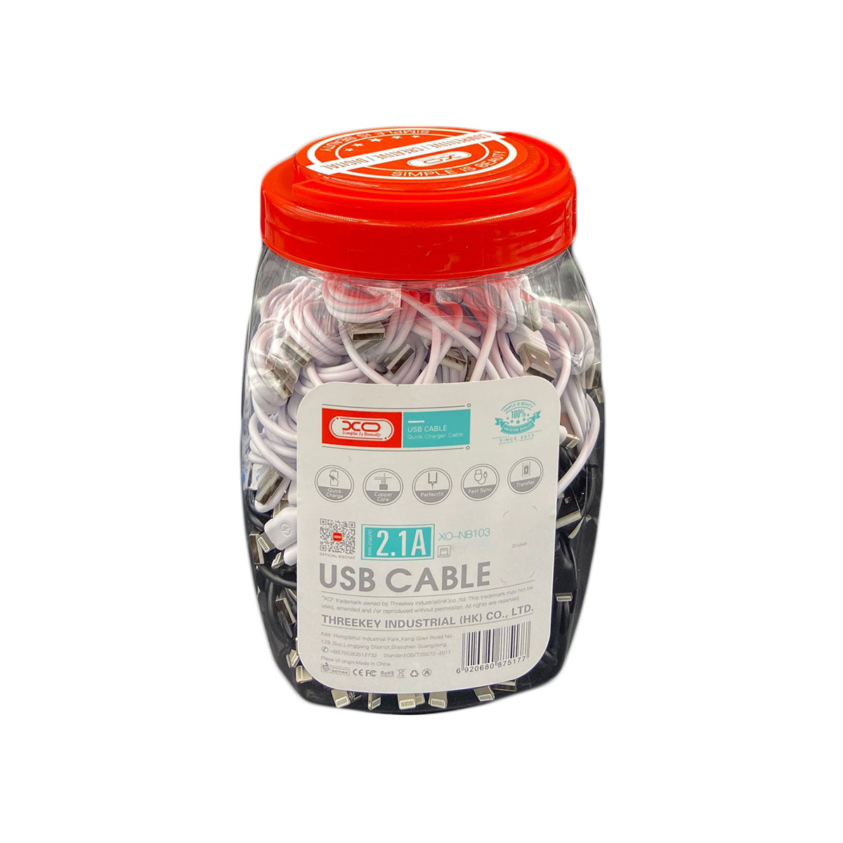 XO USB A TO LIGHTNING 1M CABLE (BLACK/WHITE) JAR OF 50