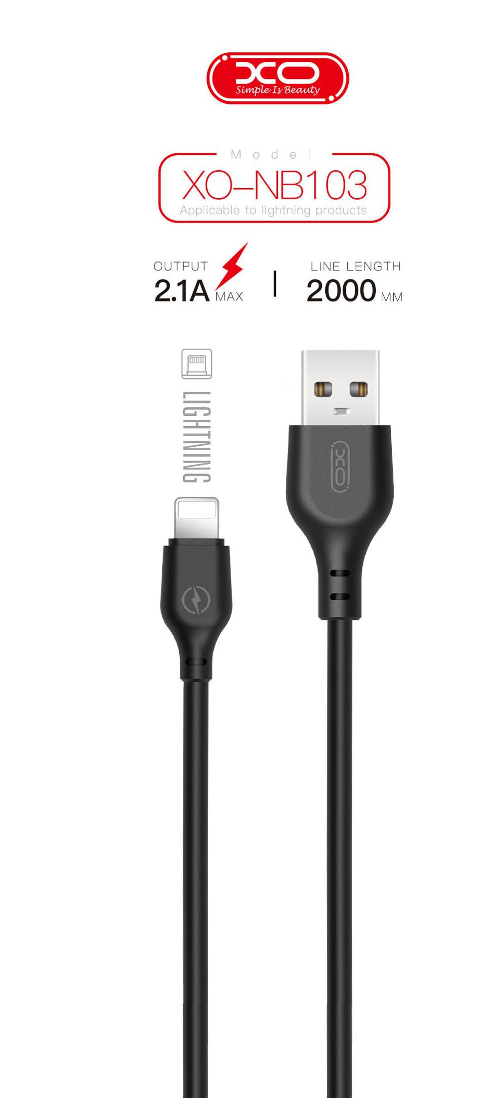 XO USB A TO LIGHTNING 2M CABLE PACK OF 50 (BLACK/WHITE)